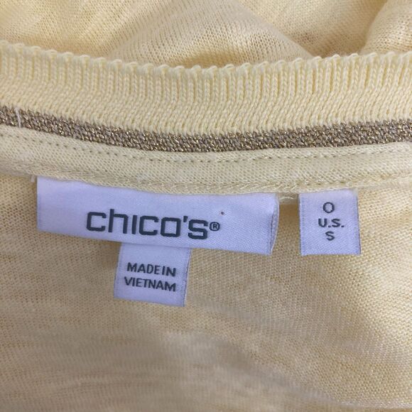 Chico's Yellow Linen Knit Top Size 0 Small Metallic Trim Short Sleeve Tunic Tee - Picture 12 of 13